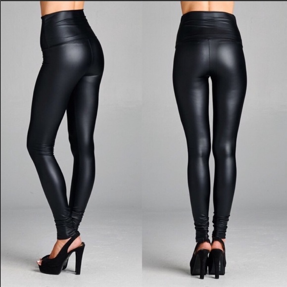 High Waist Faux Leather Tummy Control Leggings SXL - Picture 3 of 5